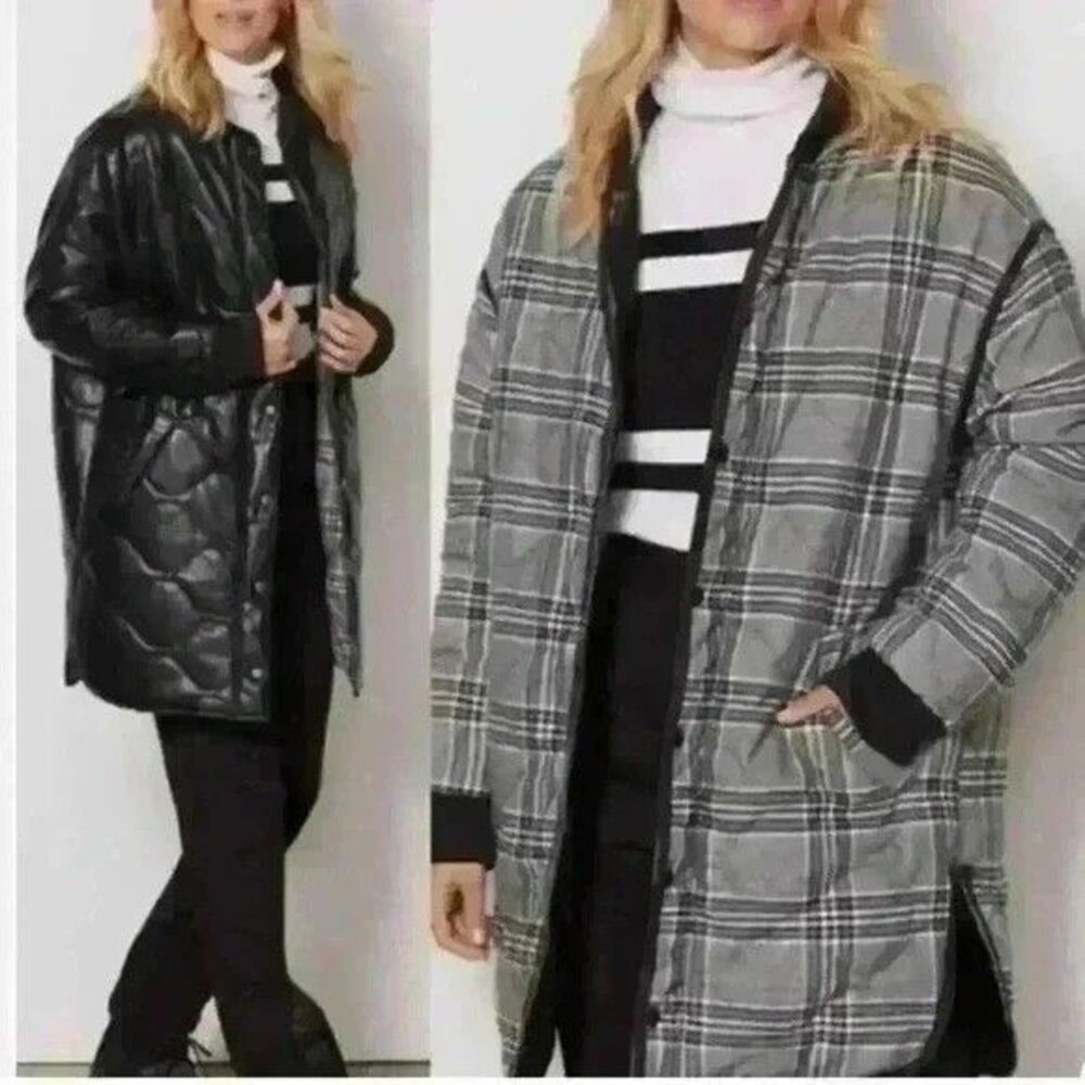 Evereve Georgetown Coat Small Faux Leather Quilted Reversible Plaid Long Jacket